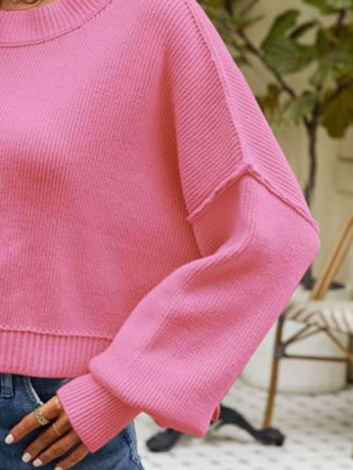 Round Neck Dropped Shoulder Sweater Orchid Unique 