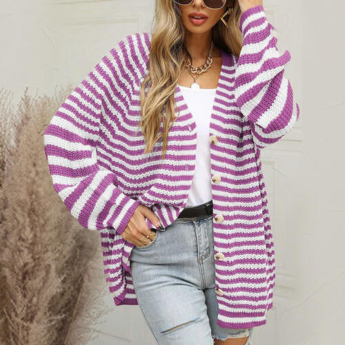 Striped Button Down Long Sleeve Cardigan Orchid Unique 