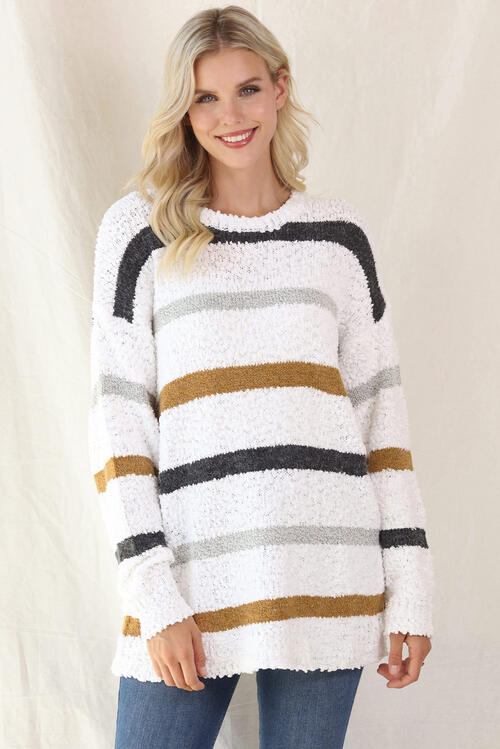 Striped Round Neck Long Sleeve Sweater Orchid Unique 