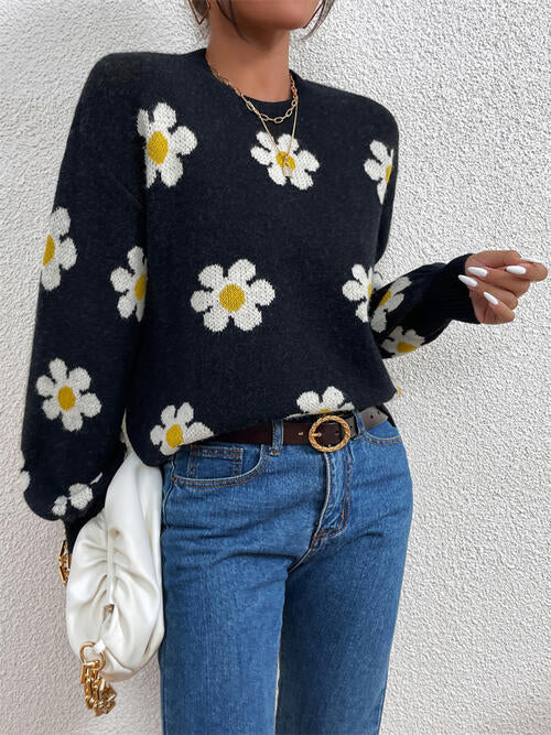 Flower Round Neck Latern Sleeve Sweater Orchid Unique 