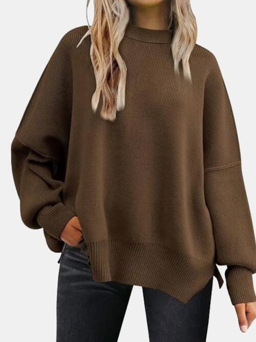 Round Neck Drop Shoulder Slit Sweater Orchid Unique 