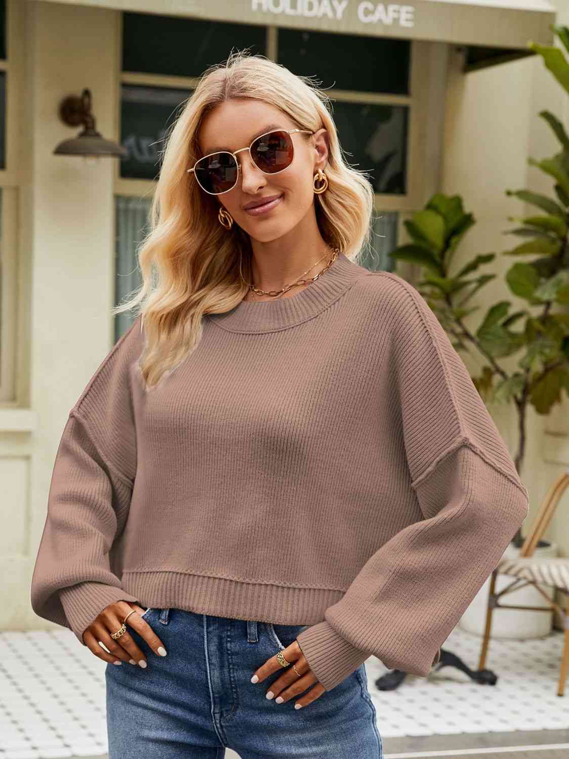 Round Neck Dropped Shoulder Sweater Orchid Unique 