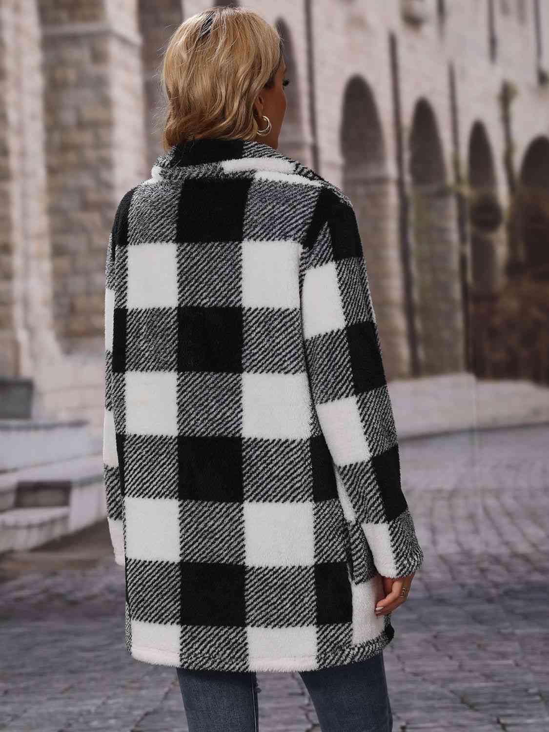 Plaid Collared Neck Coat with Pockets Orchid Unique 