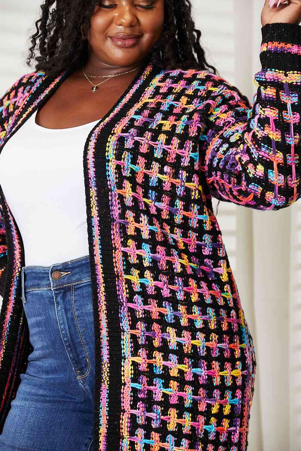 Double Take Full Size Multicolored Open Front Fringe Hem Cardigan Orchid Unique 