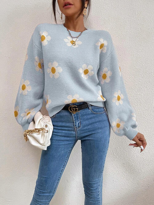 Flower Round Neck Latern Sleeve Sweater Orchid Unique 