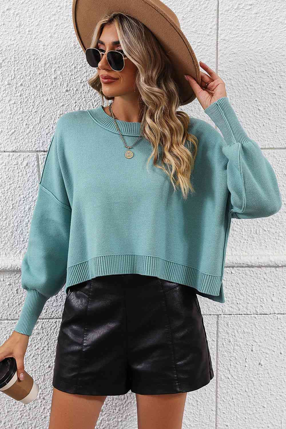 Round Neck Dropped Shoulder Pullover Sweater Orchid Unique 