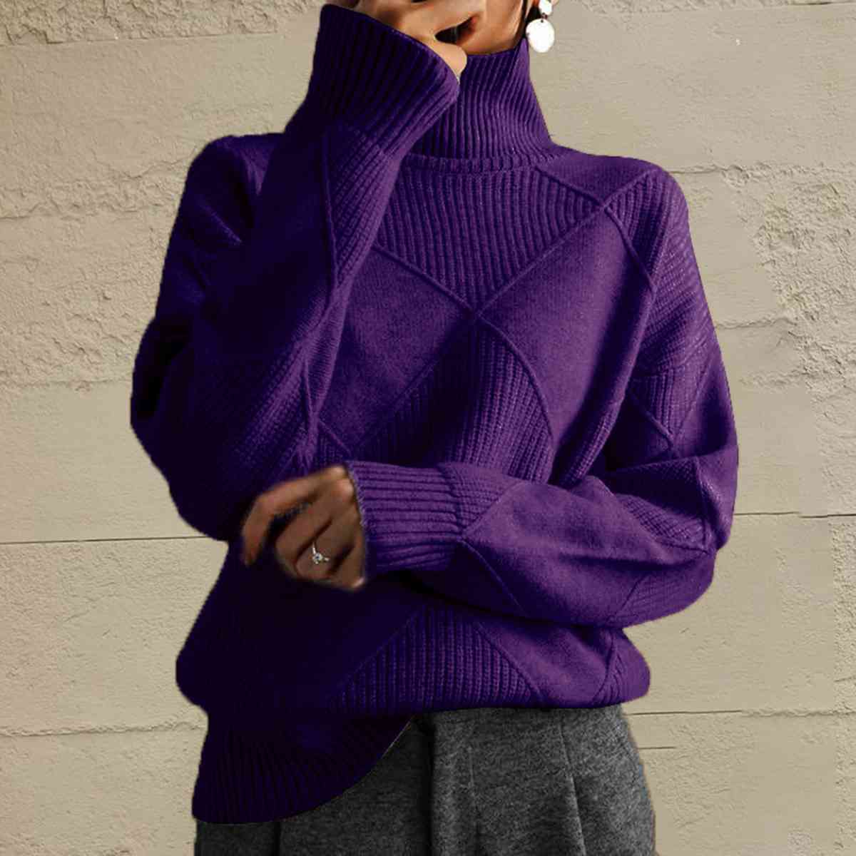 Geometric Turtleneck Long Sleeve Sweater Orchid Unique 