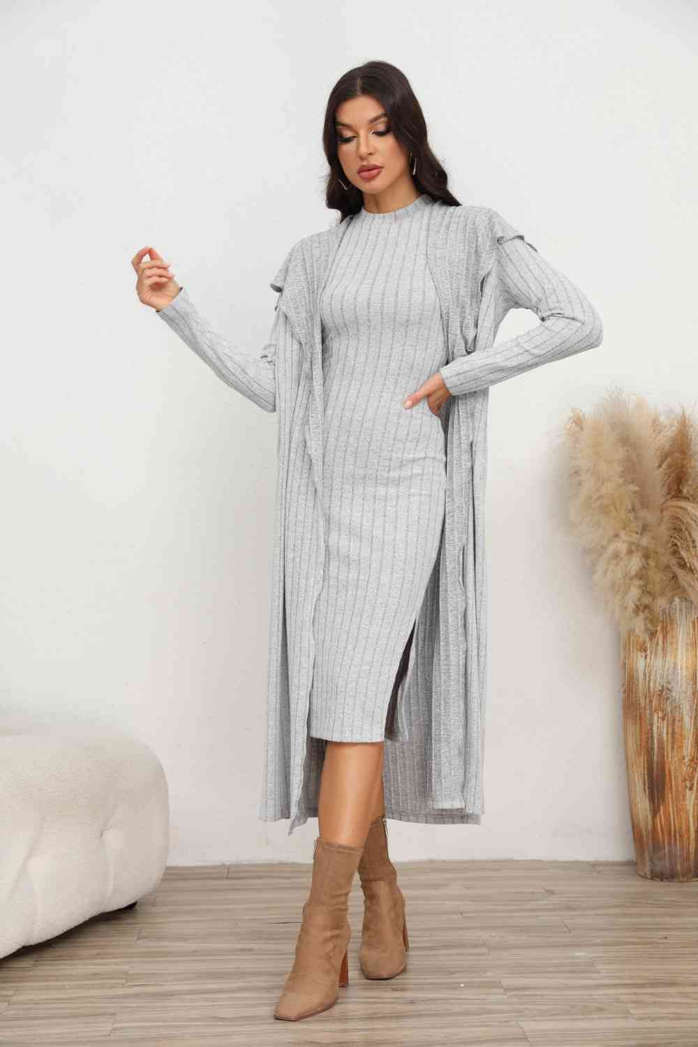 Slit Dress and Longline Cardigan Set Orchid Unique 