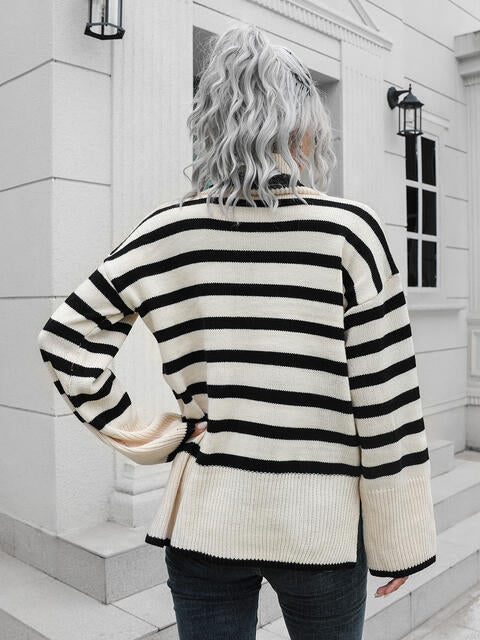 Striped Slit Turtleneck Drop Shoulder Sweater Orchid Unique 