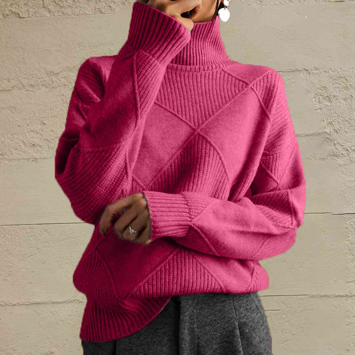 Geometric Turtleneck Long Sleeve Sweater Orchid Unique 