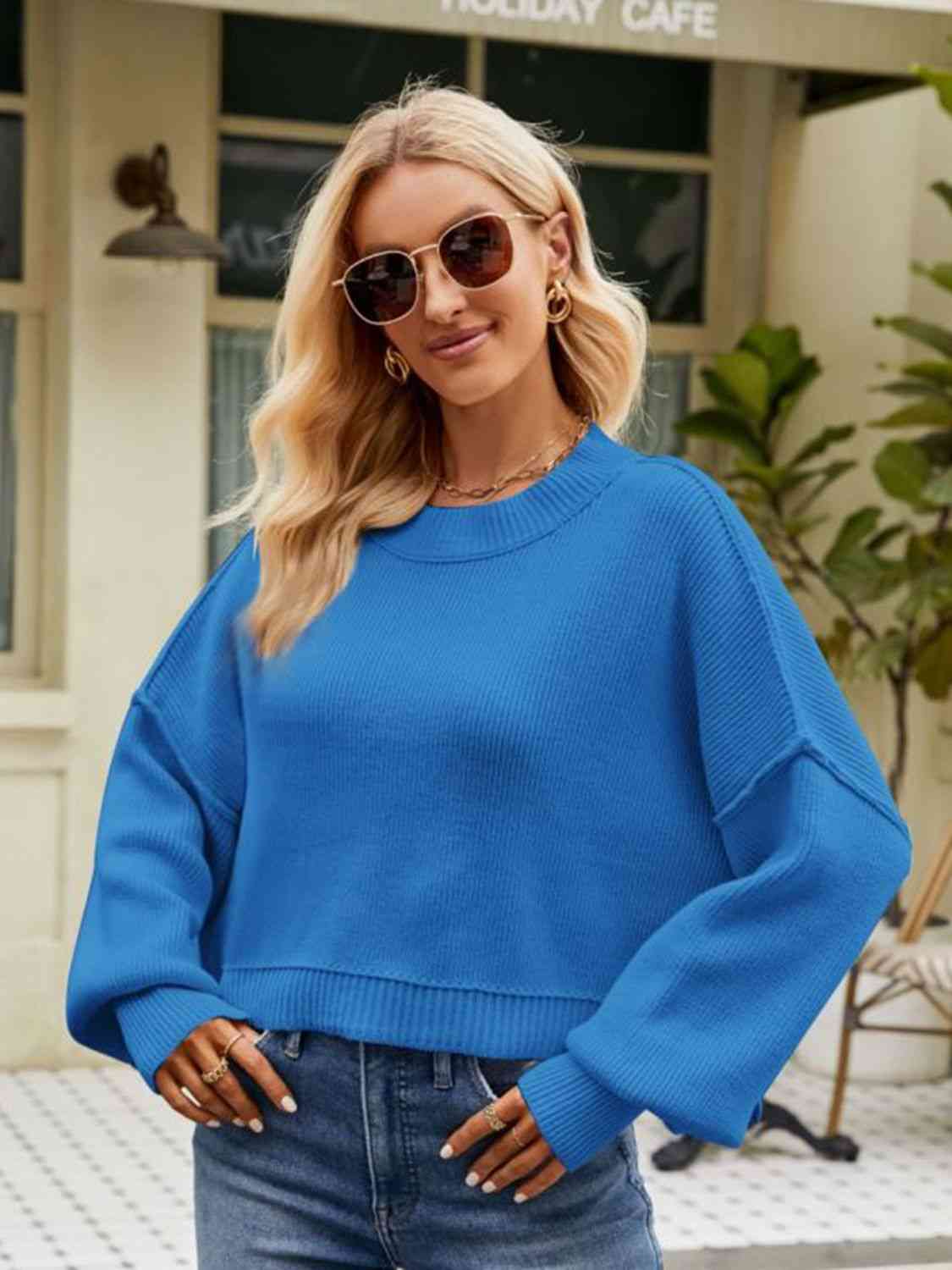 Round Neck Dropped Shoulder Sweater Orchid Unique 