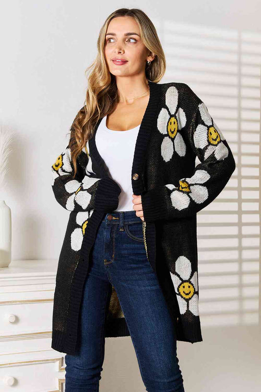 Double Take Floral Button Down Longline Cardigan Orchid Unique 