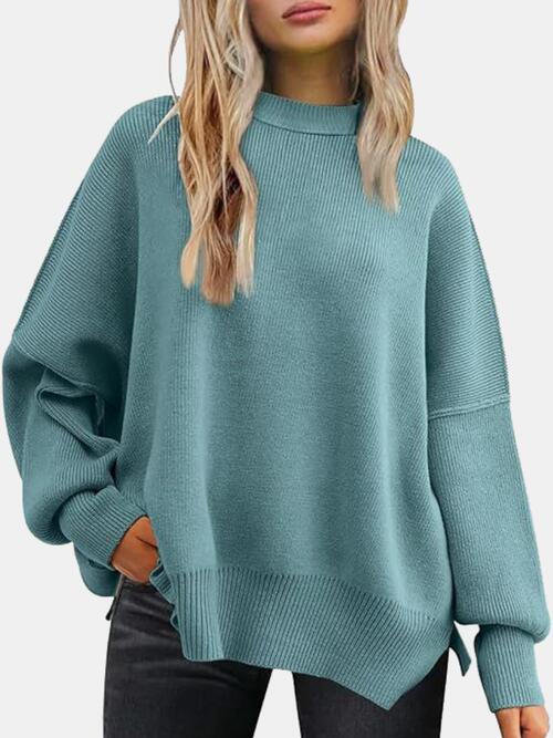 Round Neck Drop Shoulder Slit Sweater Orchid Unique 