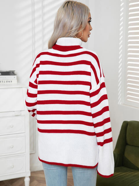 Striped Slit Turtleneck Drop Shoulder Sweater Orchid Unique 