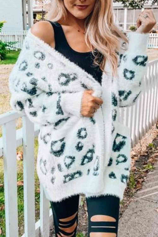 Leopard Open Front Cardigan with Pockets Orchid Unique 