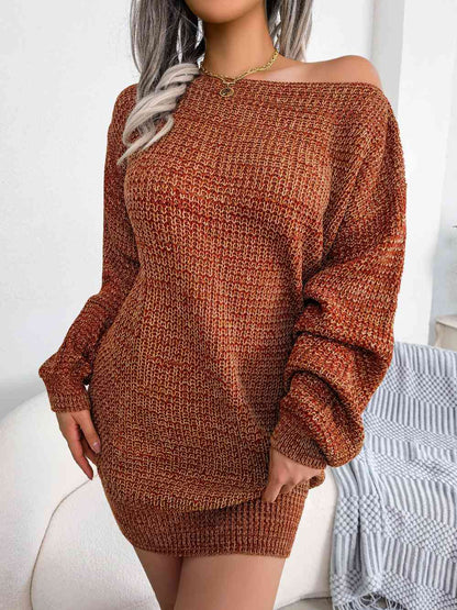 Heathered Boat Neck Lantern Sleeve Sweater Dress