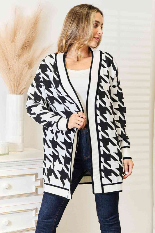 Woven Right Houndstooth Open Front Longline Cardigan Orchid Unique 