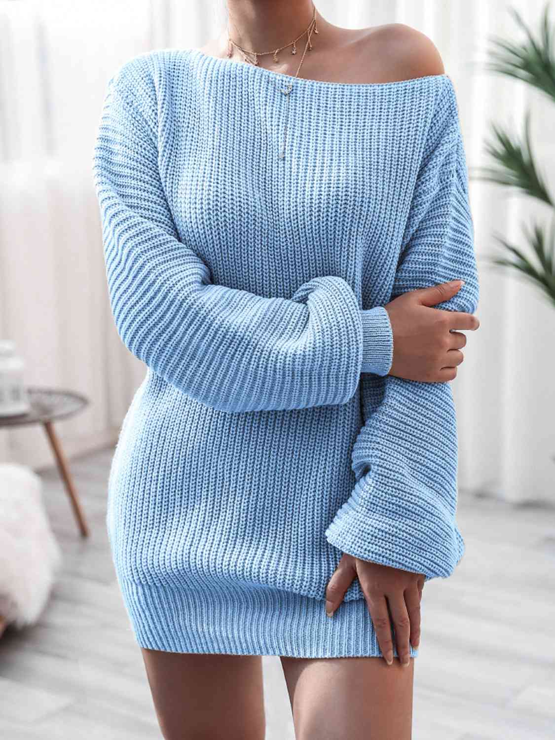 Rib-Knit Mini Sweater Dress Orchid Unique 