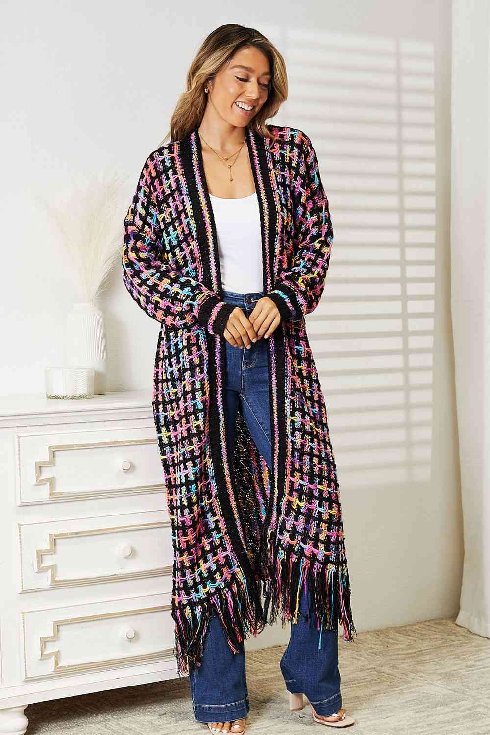 Double Take Full Size Multicolored Open Front Fringe Hem Cardigan Orchid Unique 