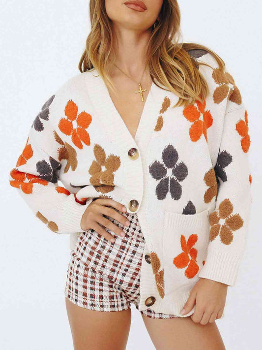 Floral V-Neck Button Up Long Sleeve Cardigan Orchid Unique 