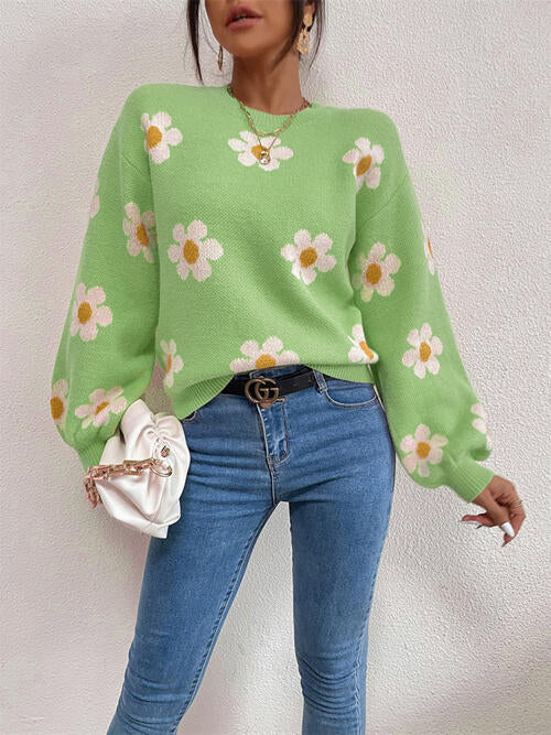 Flower Round Neck Latern Sleeve Sweater Orchid Unique 