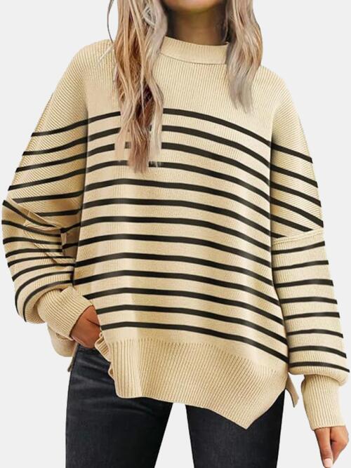 Round Neck Drop Shoulder Slit Sweater Orchid Unique 