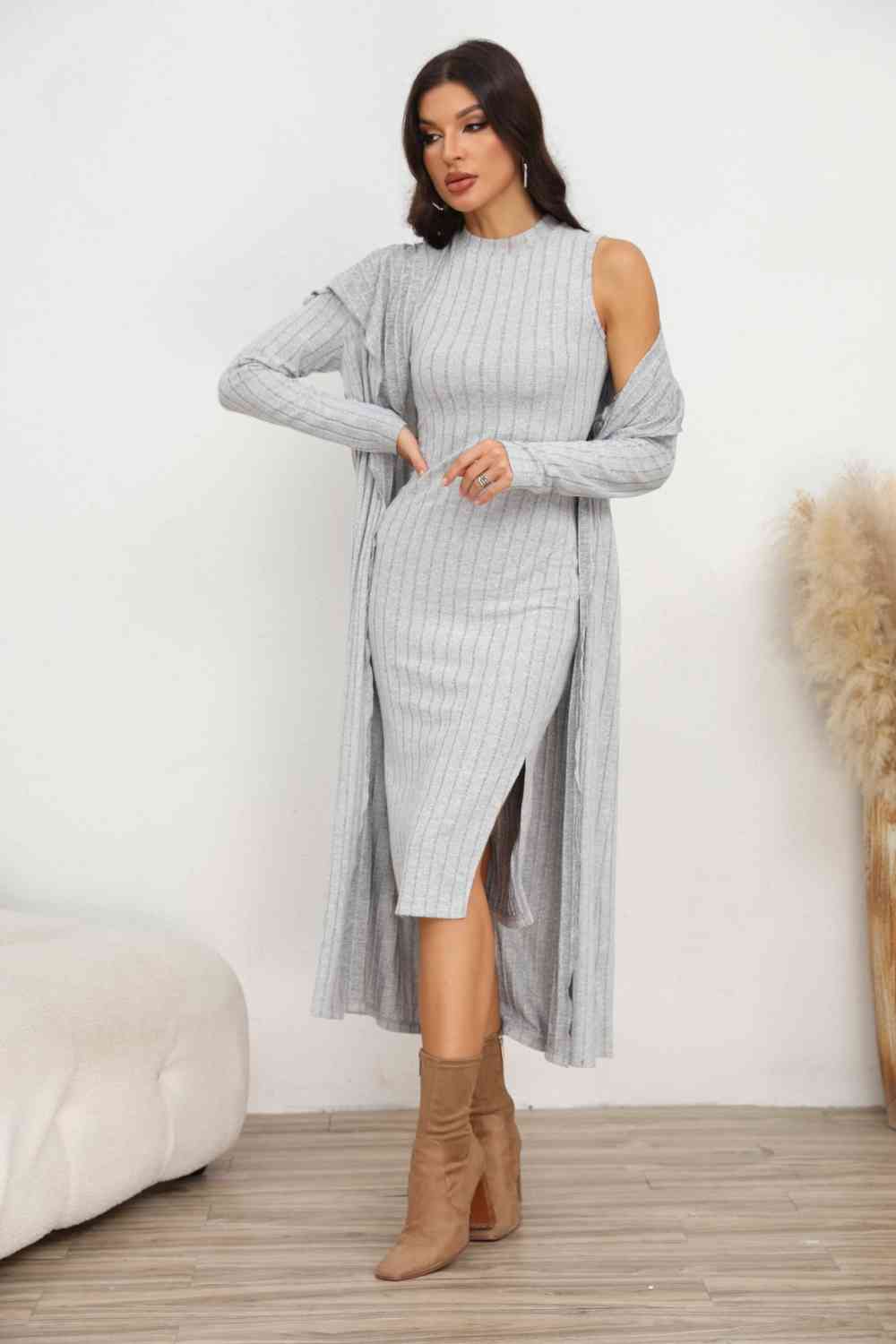 Slit Dress and Longline Cardigan Set Orchid Unique 