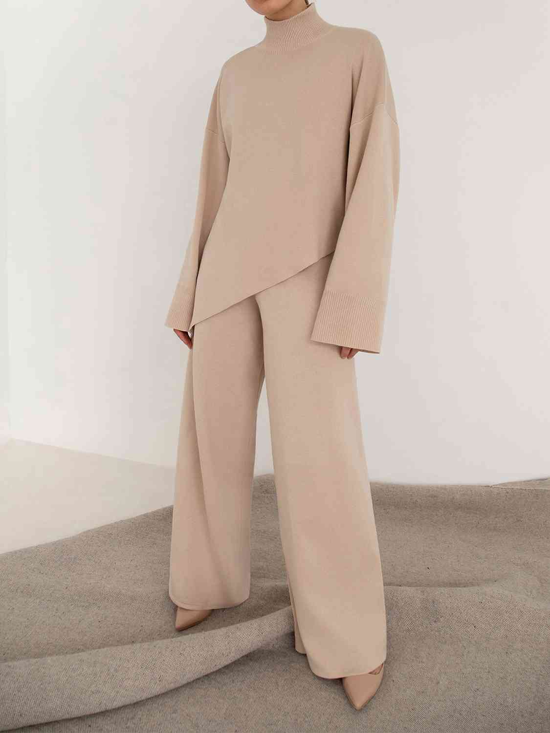 Asymmetrical Hem Knit Top and Pants Set Orchid Unique 