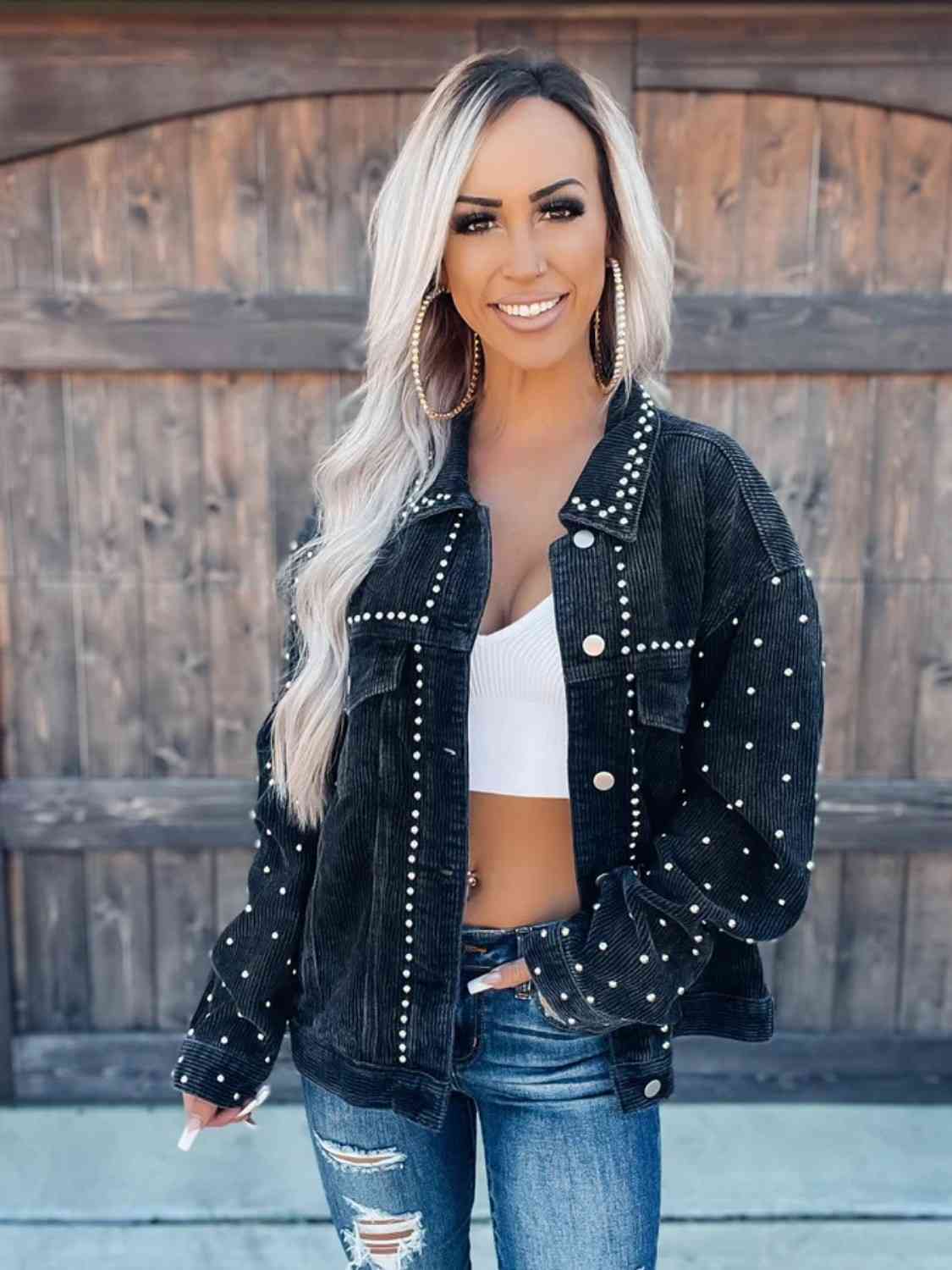 Studded Collared Neck Button Down Jacket Orchid Unique 