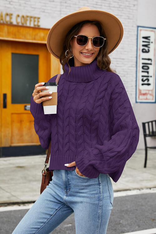 Turtleneck Cable-Knit  Long Sleeve Sweater Orchid Unique 