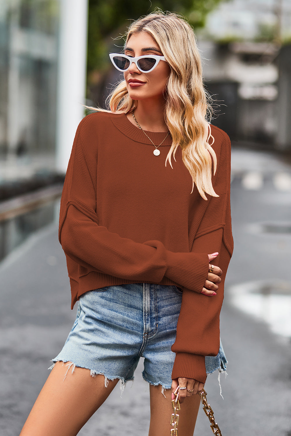 Round Neck Drop Shoulder Long Sleeve Sweater Orchid Unique 