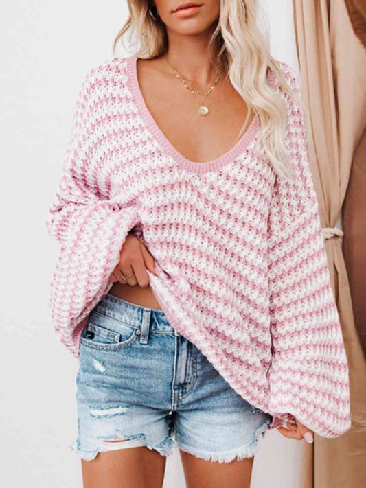 Striped Drop Shoulder V-Neck Sweater Orchid Unique 