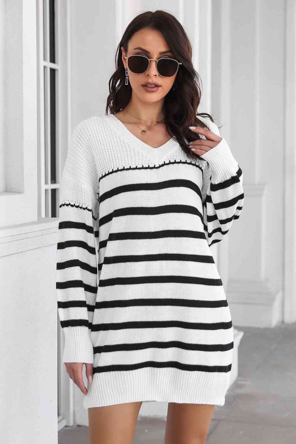 Striped V-Neck Drop Shulder Sweater Dress Orchid Unique 