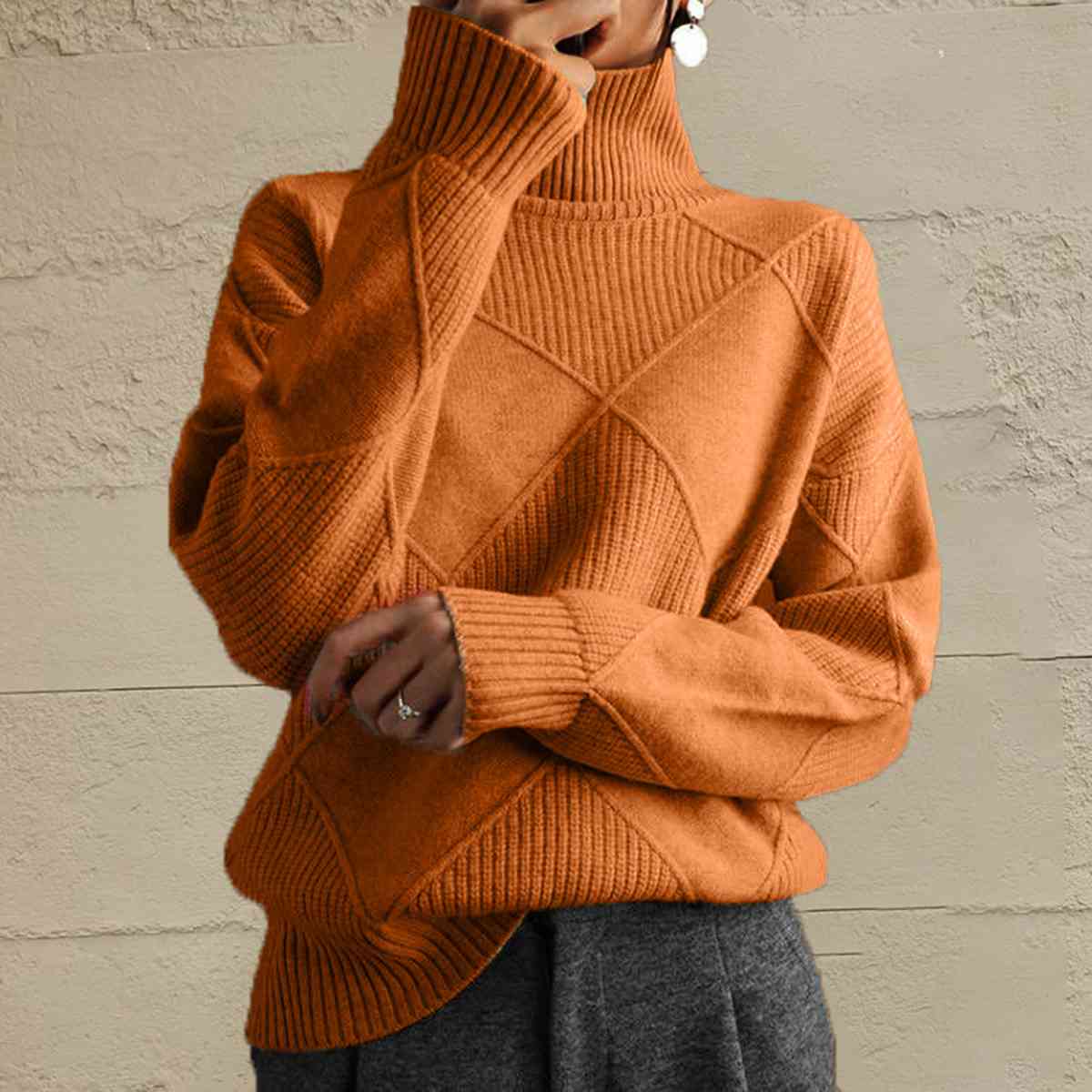 Geometric Turtleneck Long Sleeve Sweater Orchid Unique 