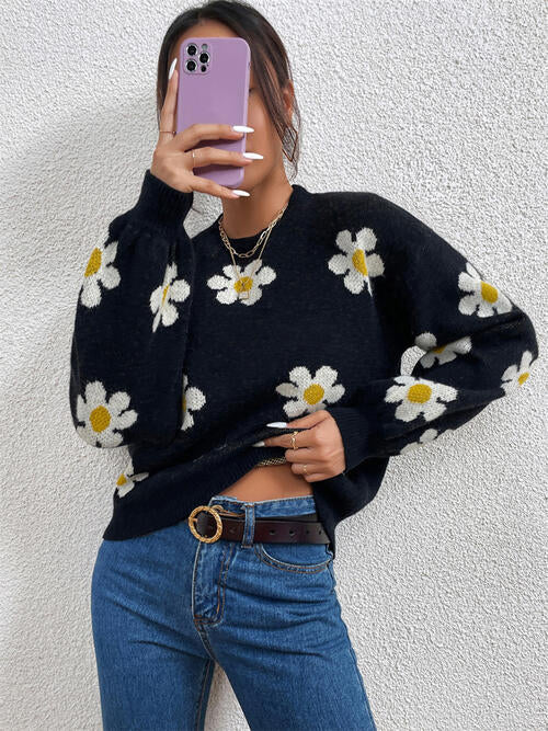 Flower Round Neck Latern Sleeve Sweater Orchid Unique 