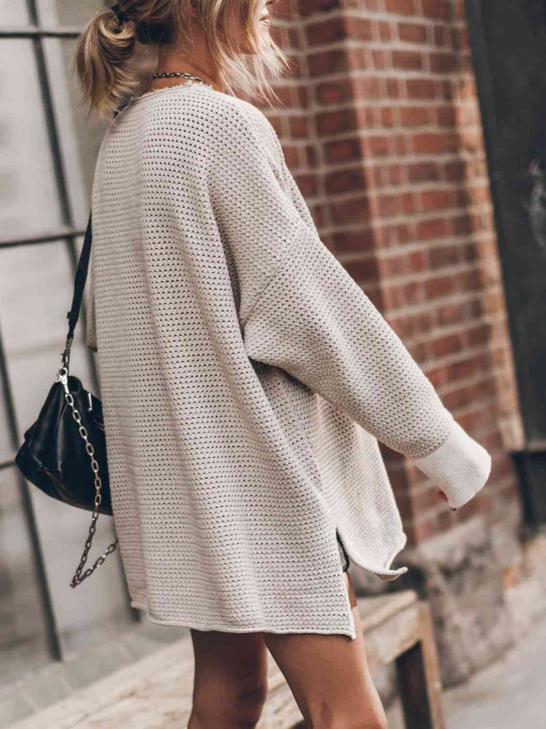 Openwork Round Neck Long Sleeve Slit Sweater Orchid Unique 