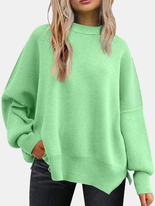 Round Neck Drop Shoulder Slit Sweater Orchid Unique 