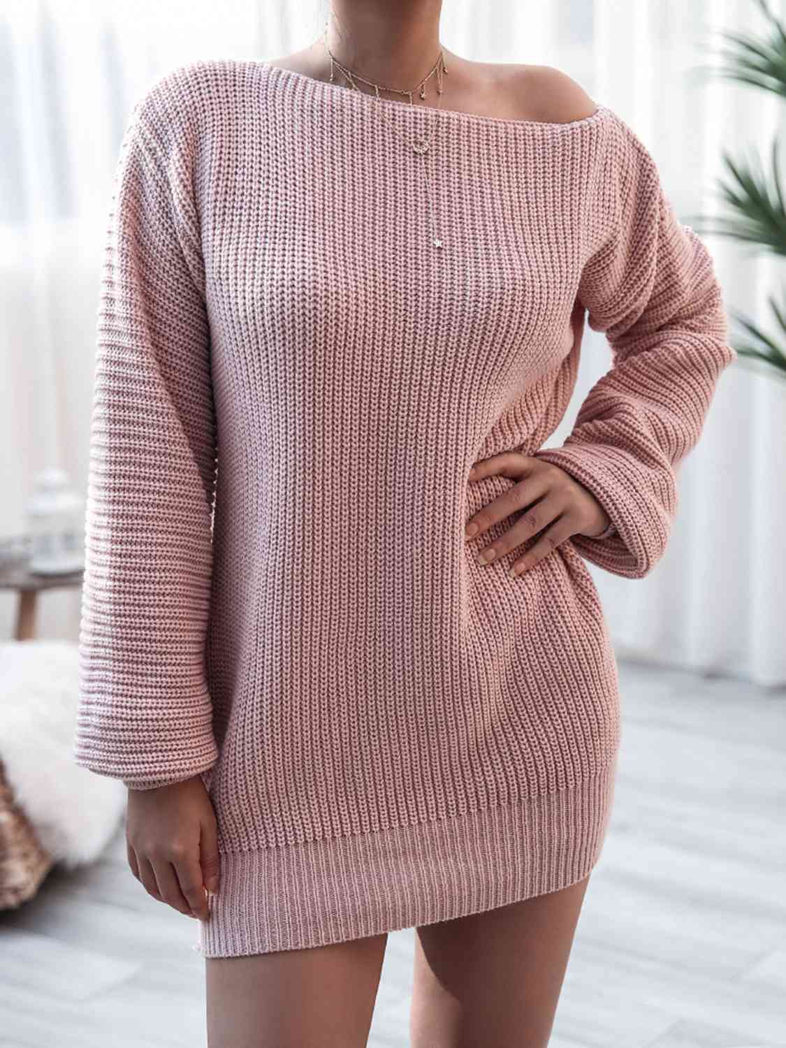 Rib-Knit Mini Sweater Dress Orchid Unique 