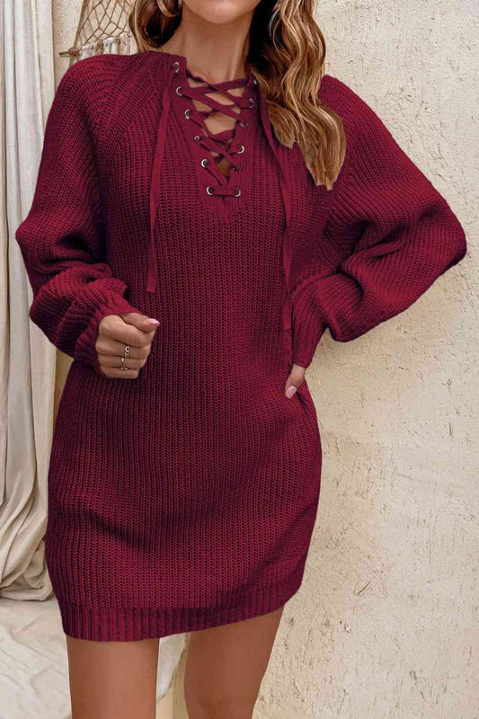 Lace-Up Mini Sweater Dress Orchid Unique 