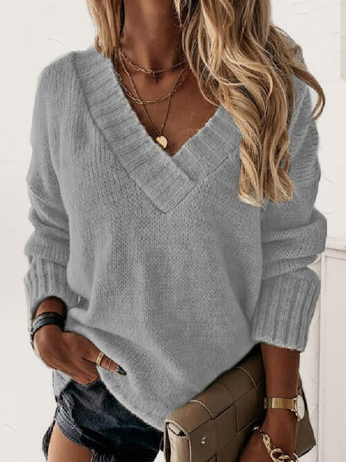 V-Neck Long Sleeve Knit Top Orchid Unique 