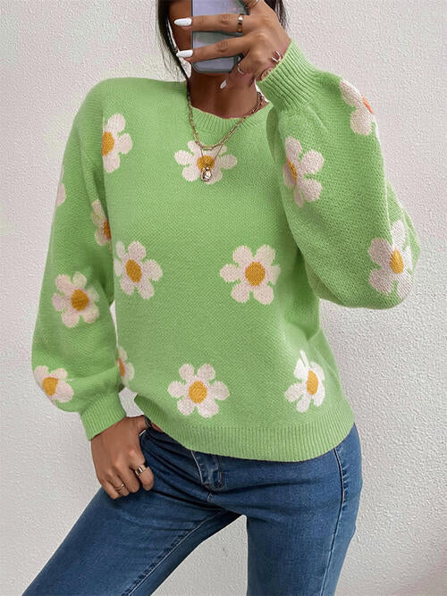 Flower Round Neck Latern Sleeve Sweater Orchid Unique 