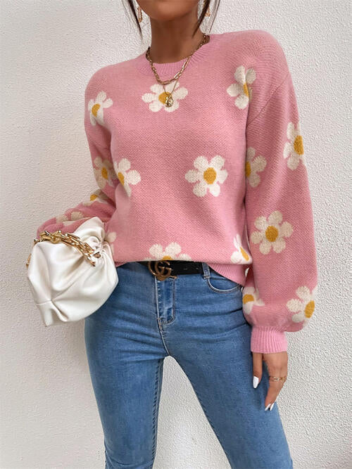 Flower Round Neck Latern Sleeve Sweater Orchid Unique 