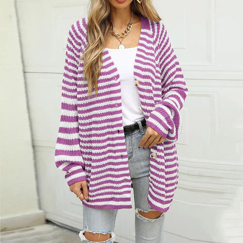 Striped Button Down Long Sleeve Cardigan Orchid Unique 