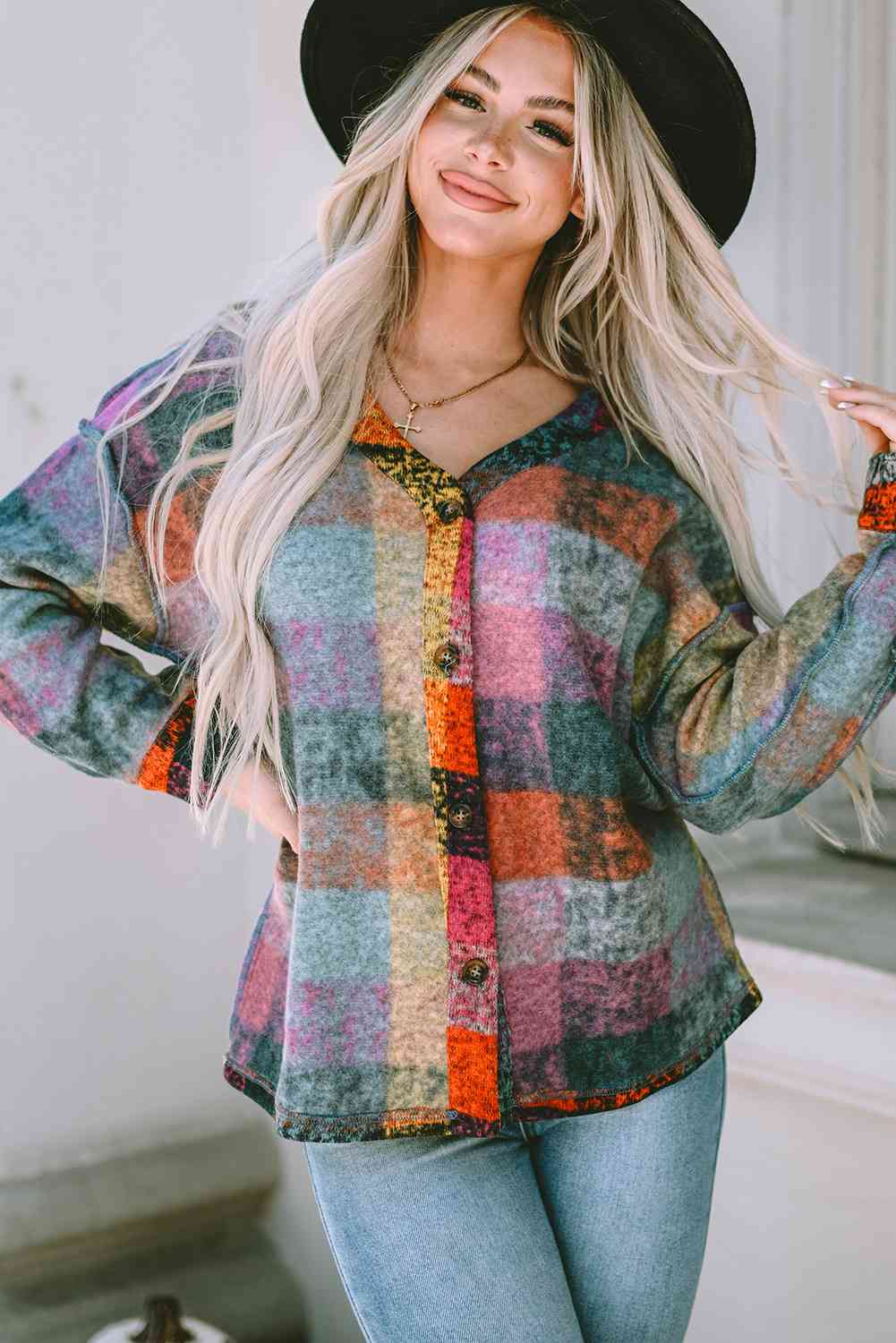 Plaid V-Neck Button Down Jacket Orchid Unique 