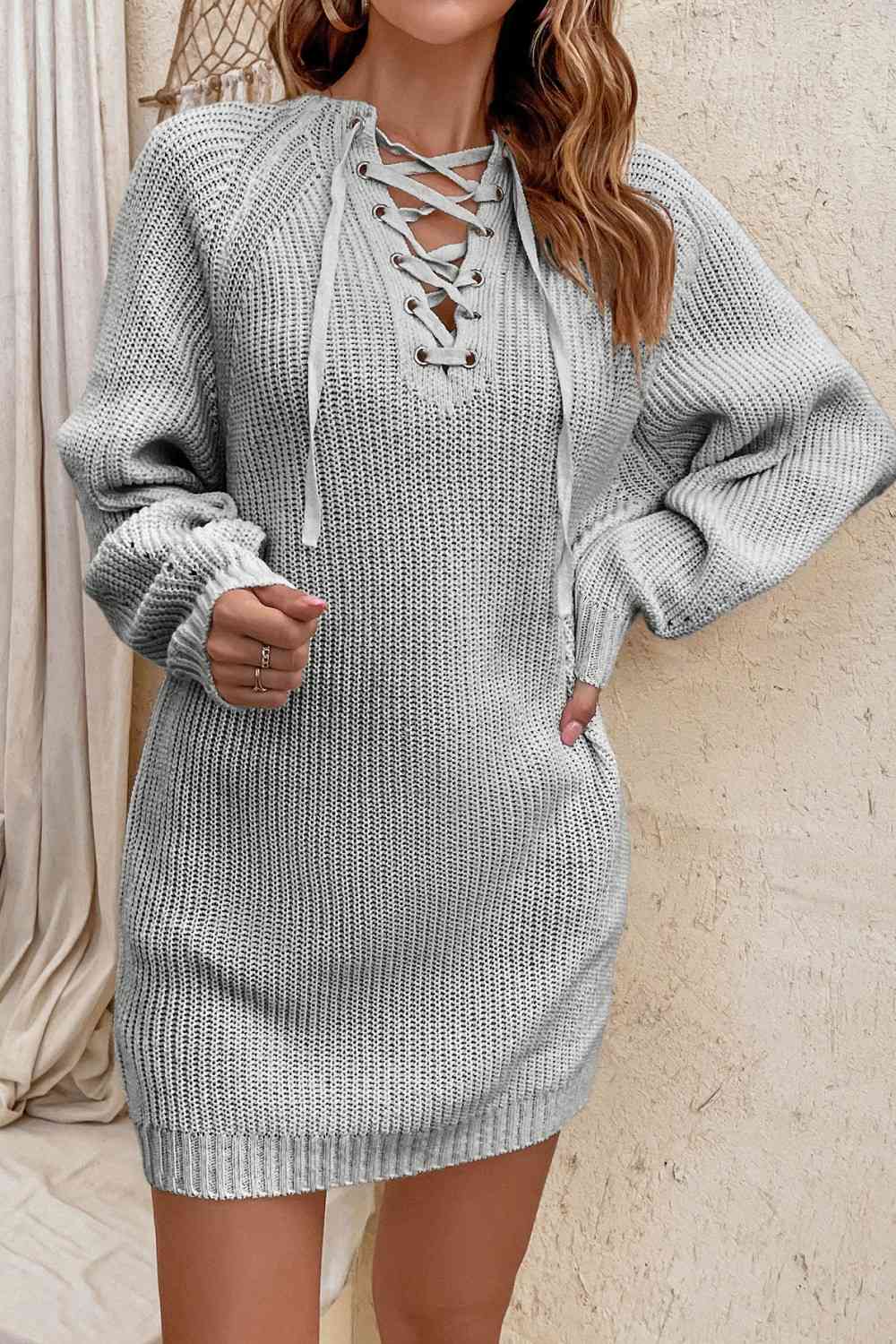 Lace-Up Mini Sweater Dress Orchid Unique 