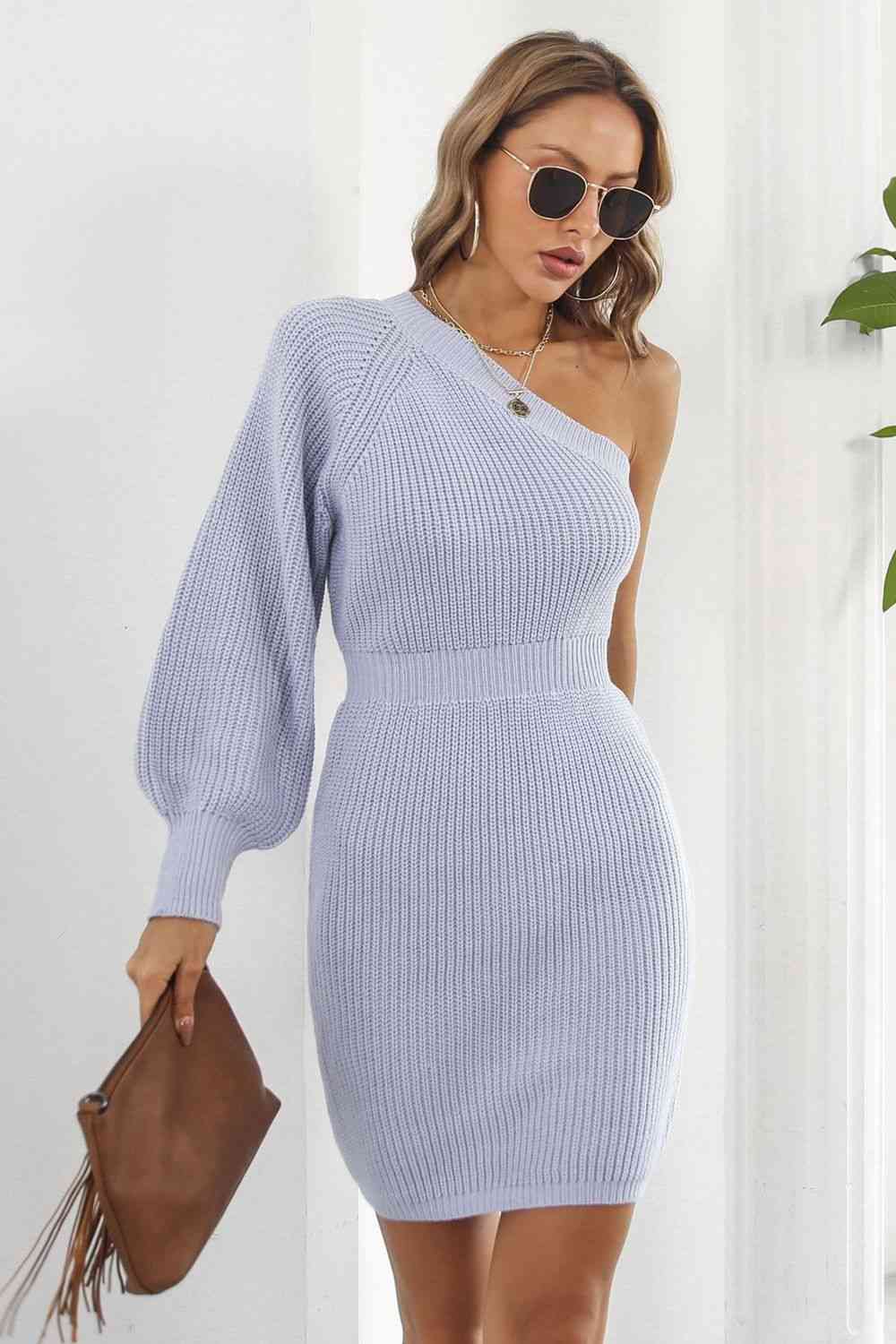 One Shoulder Raglan Sleeve Pencil Sweater Dress Orchid Unique 