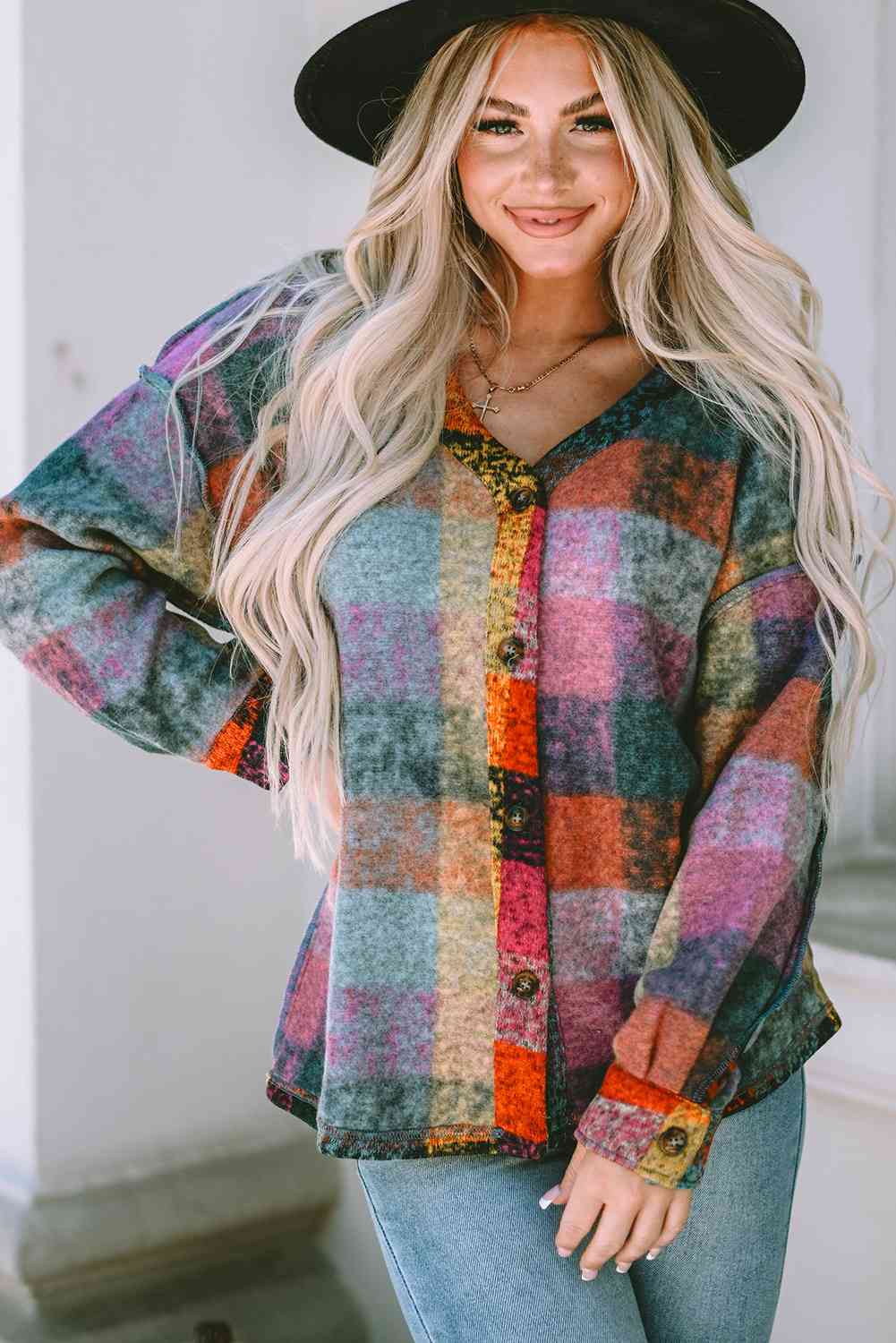 Plaid V-Neck Button Down Jacket Orchid Unique 