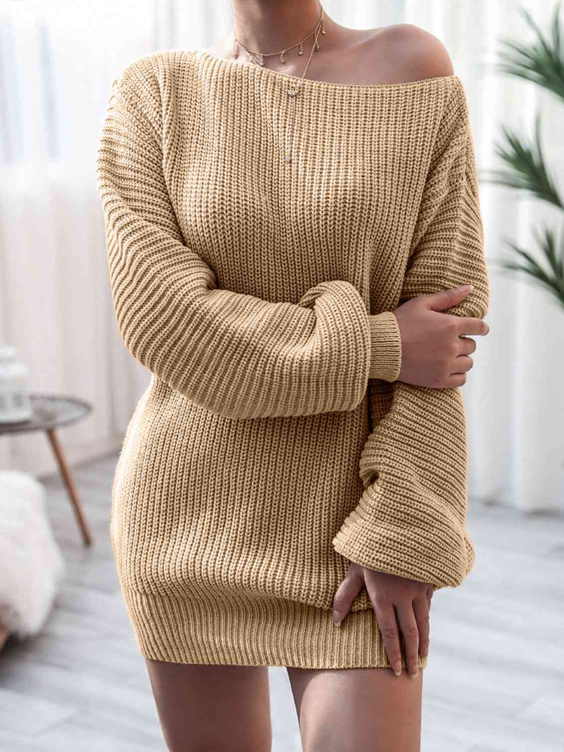 Rib-Knit Mini Sweater Dress Orchid Unique 