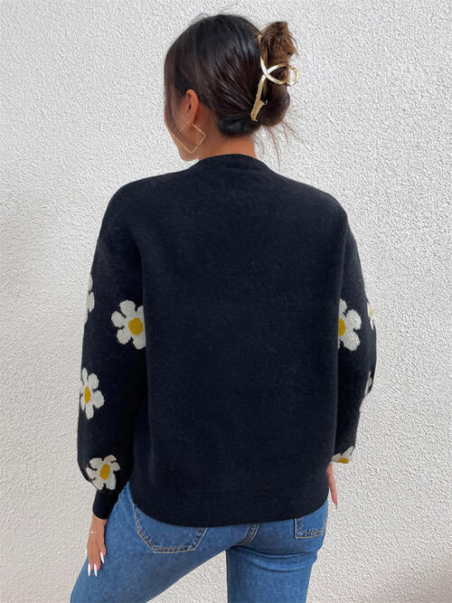 Flower Round Neck Latern Sleeve Sweater Orchid Unique 