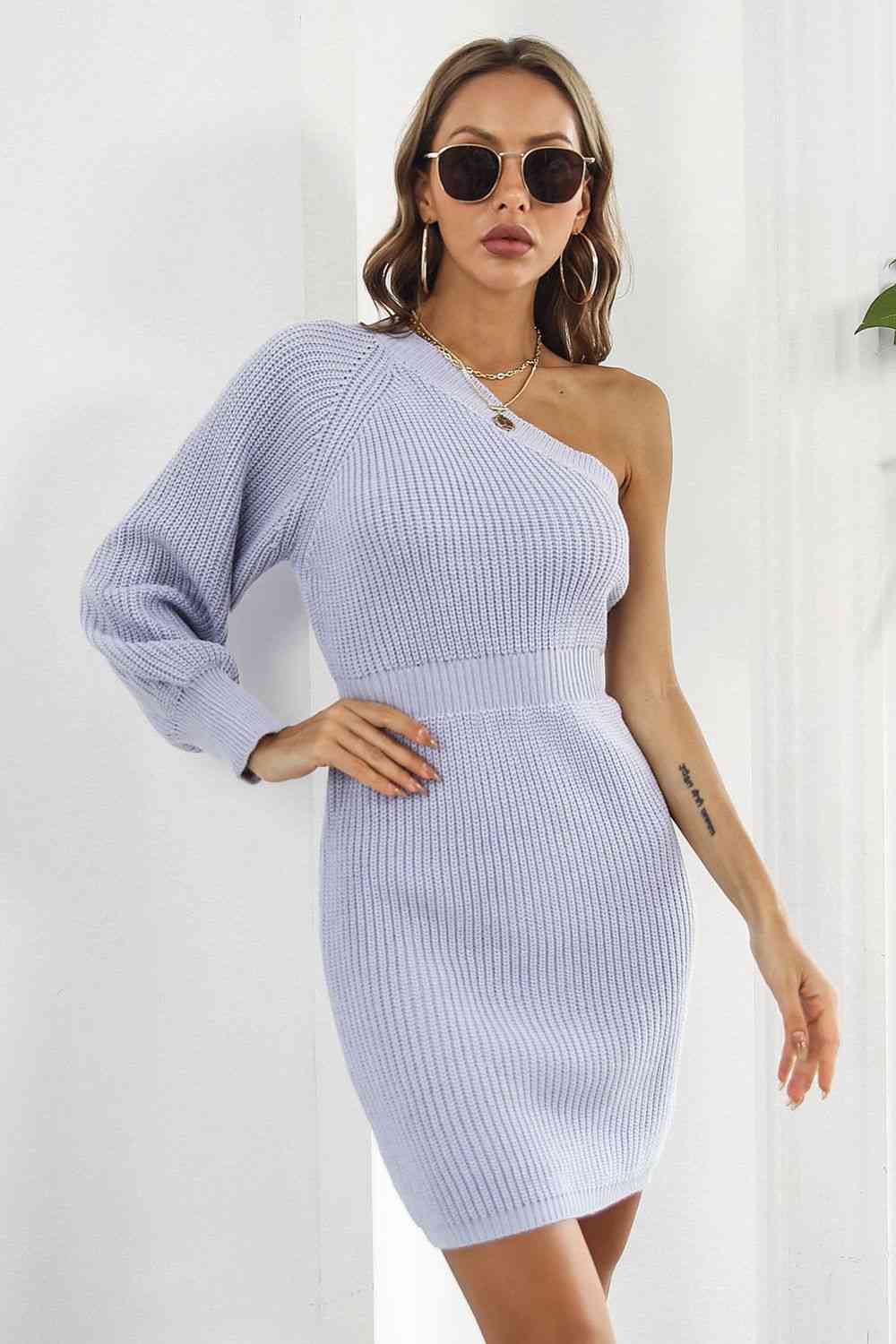 One Shoulder Raglan Sleeve Pencil Sweater Dress Orchid Unique 